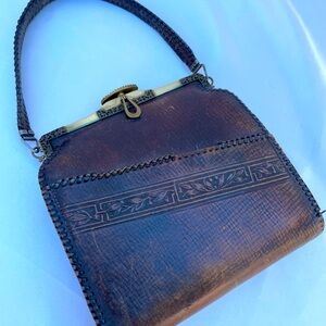 Antique 1930s brown leather handbag purse
